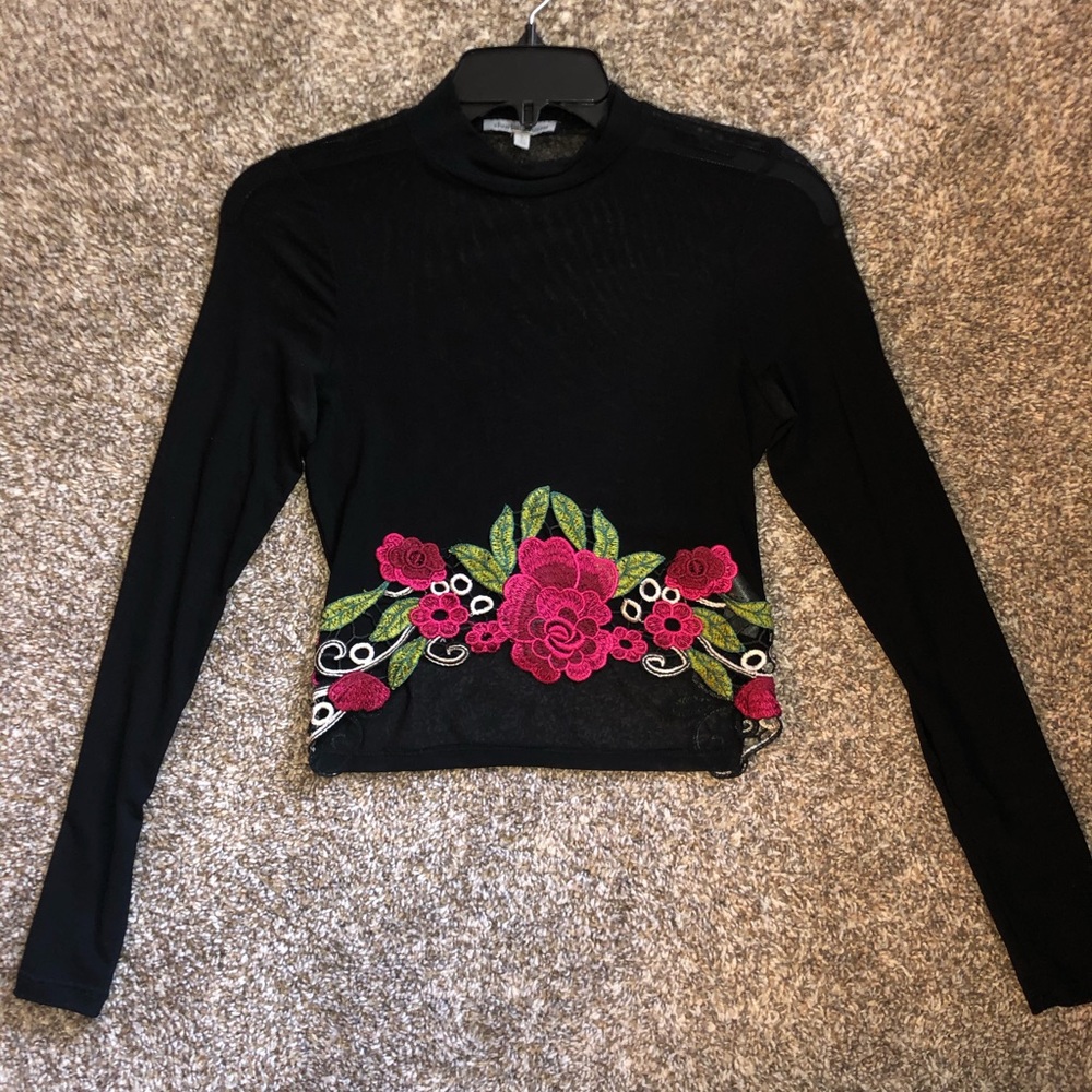 Black mesh top with floral detail